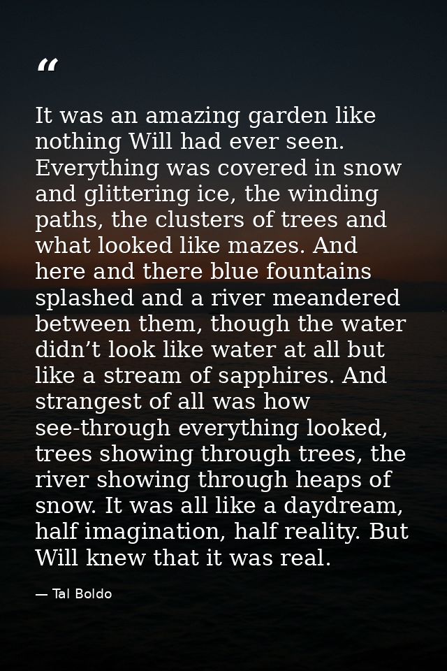 It was an amazing garden like nothing Will had ever seen. Everything was covered in snow and glittering ice, the winding — Tal Boldo