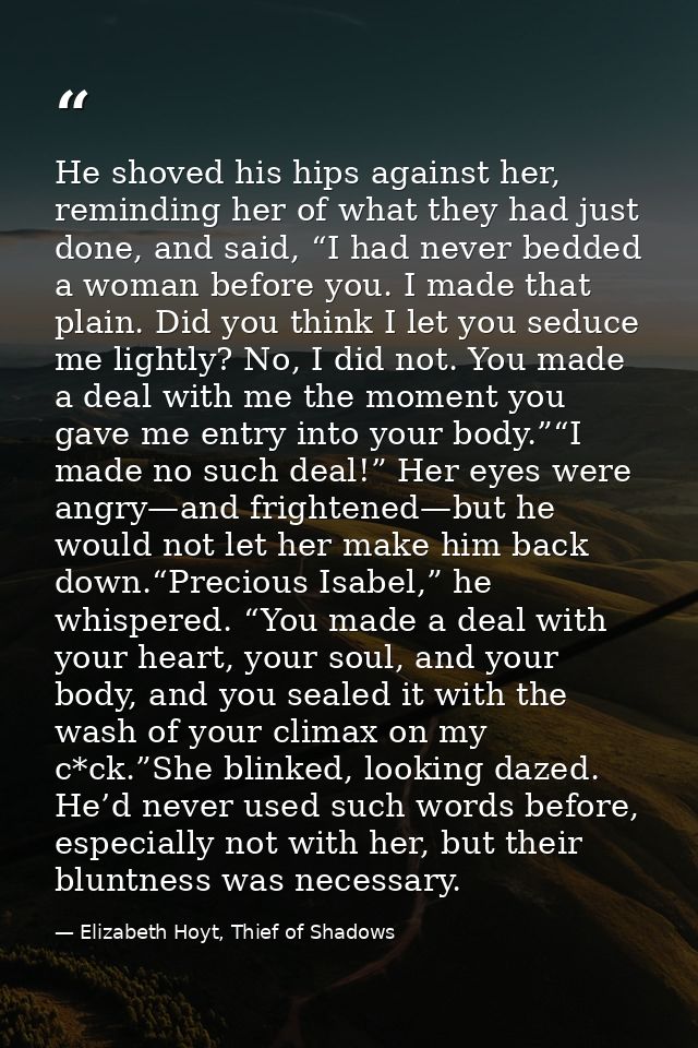 He shoved his hips against her, reminding her of what they had just done, and said, “I had never bedded a woman before y — Elizabeth Hoyt, Thief of Shadows