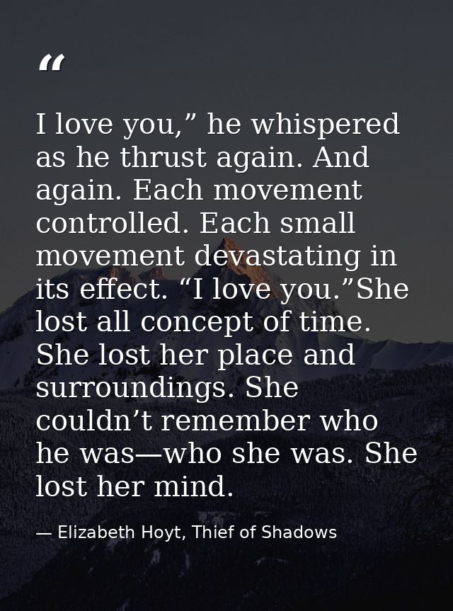 I love you,” he whispered as he thrust again. And again. Each movement controlled. Each small movement devastating in it — Elizabeth Hoyt, Thief of Shadows
