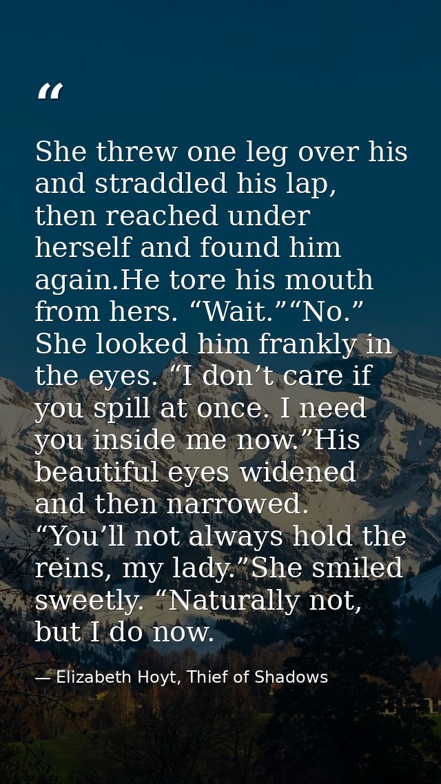 She threw one leg over his and straddled his lap, then reached under herself and found him again.He tore his mouth from  — Elizabeth Hoyt, Thief of Shadows