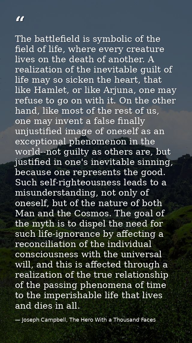 The battlefield is symbolic of the field of life, where every creature lives on the death of another. A realization of t — Joseph Campbell, The Hero With a Thousand Faces