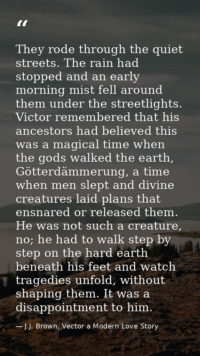 They rode through the quiet streets. The rain had stopped and an early morning mist fell around them under the streetlig — J.J. Brown, Vector a Modern Love Story