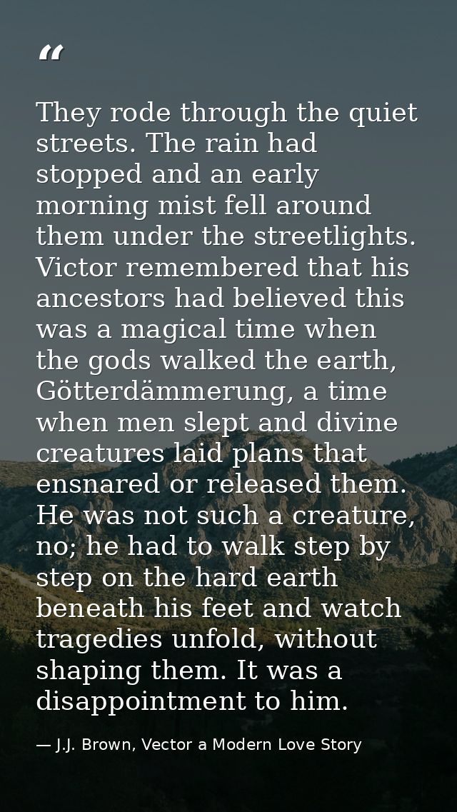They rode through the quiet streets. The rain had stopped and an early morning mist fell around them under the streetlig — J.J. Brown, Vector a Modern Love Story