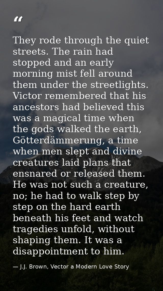 They rode through the quiet streets. The rain had stopped and an early morning mist fell around them under the streetlig — J.J. Brown, Vector a Modern Love Story