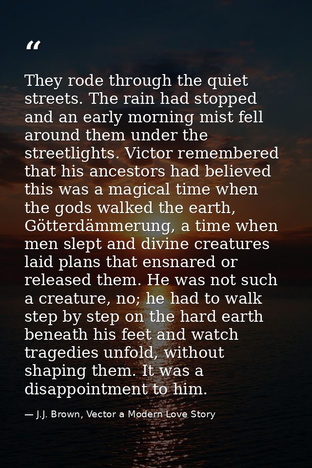 They rode through the quiet streets. The rain had stopped and an early morning mist fell around them under the streetlig — J.J. Brown, Vector a Modern Love Story