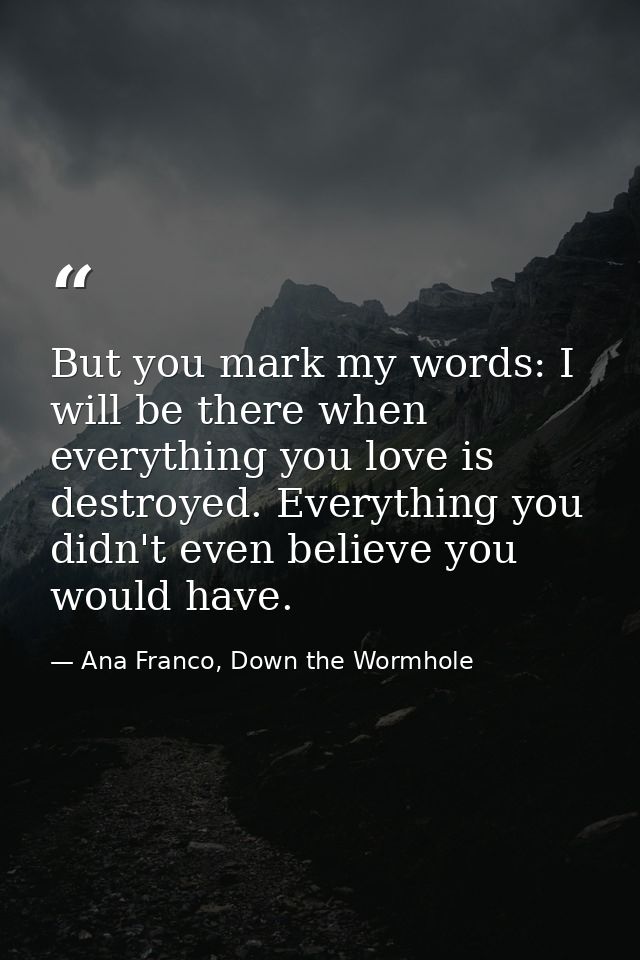 But you mark my words: I will be there when everything you love is destroyed. Everything you didn't even believe you wou — Ana Franco, Down the Wormhole