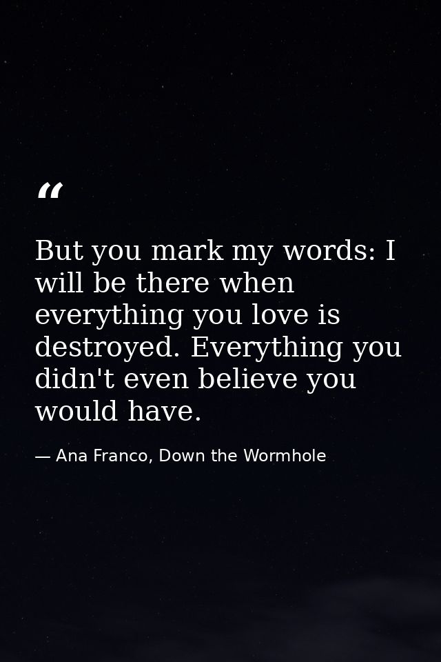 But you mark my words: I will be there when everything you love is destroyed. Everything you didn't even believe you wou — Ana Franco, Down the Wormhole