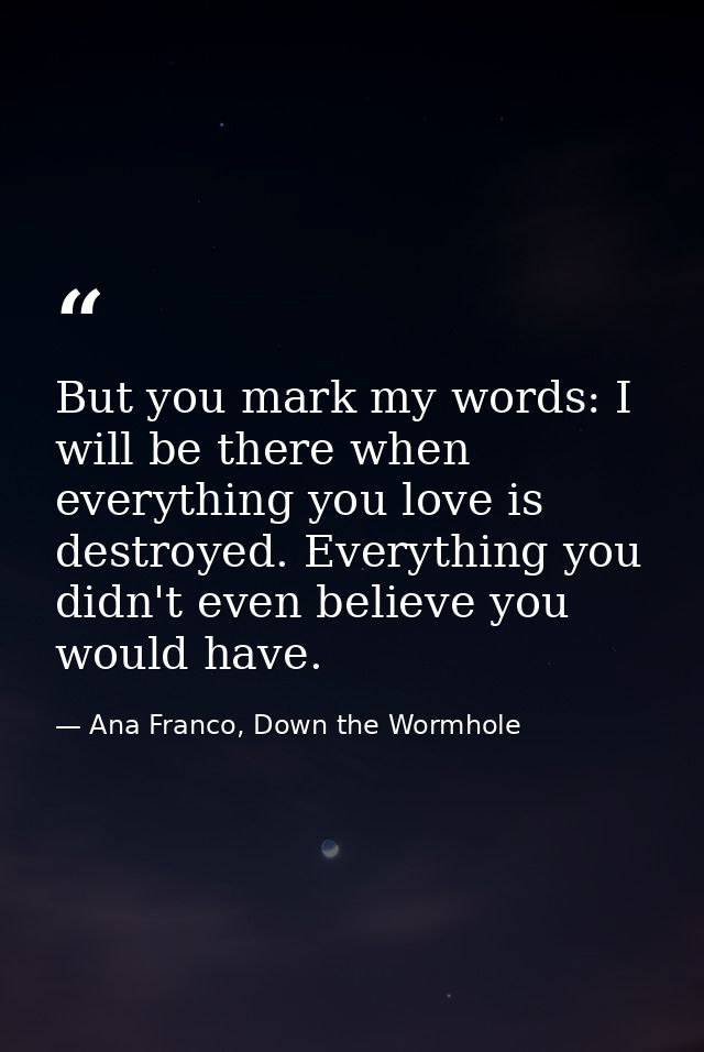 But you mark my words: I will be there when everything you love is destroyed. Everything you didn't even believe you wou — Ana Franco, Down the Wormhole