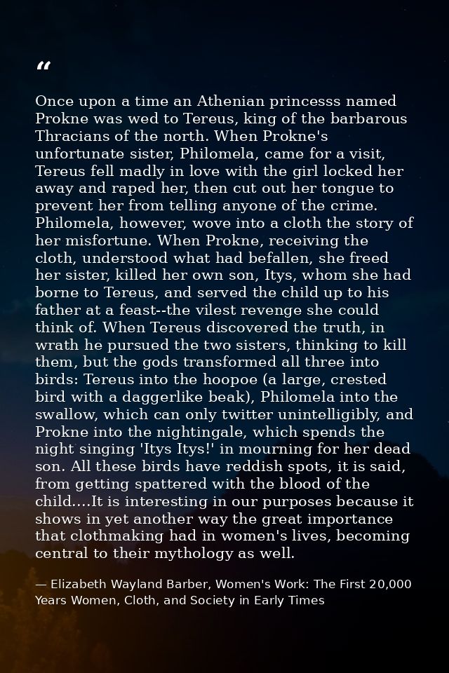 Once upon a time an Athenian princesss named Prokne was wed to Tereus, king of the barbarous Thracians of the north. Whe — Elizabeth Wayland Barber, Women's Work: The First 20,000 Years Women, Cloth, and Society in Early Times