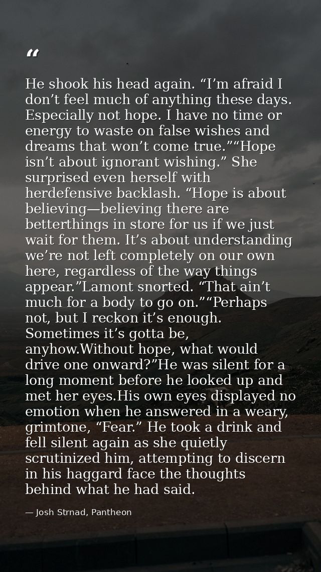 He shook his head again. “I’m afraid I don’t feel much of anything these days. Especially not hope. I have no time or en — Josh Strnad, Pantheon