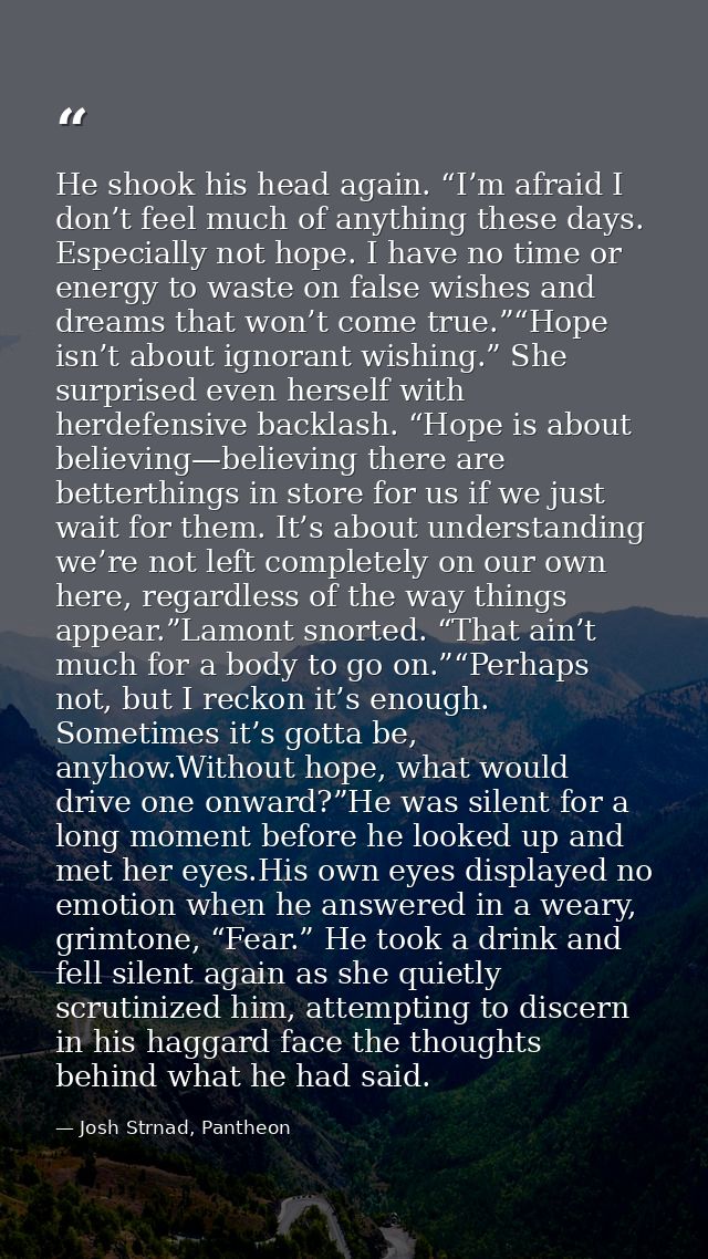 He shook his head again. “I’m afraid I don’t feel much of anything these days. Especially not hope. I have no time or en — Josh Strnad, Pantheon