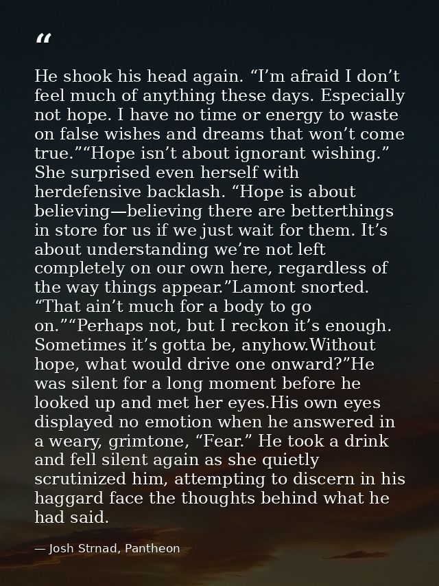 He shook his head again. “I’m afraid I don’t feel much of anything these days. Especially not hope. I have no time or en — Josh Strnad, Pantheon