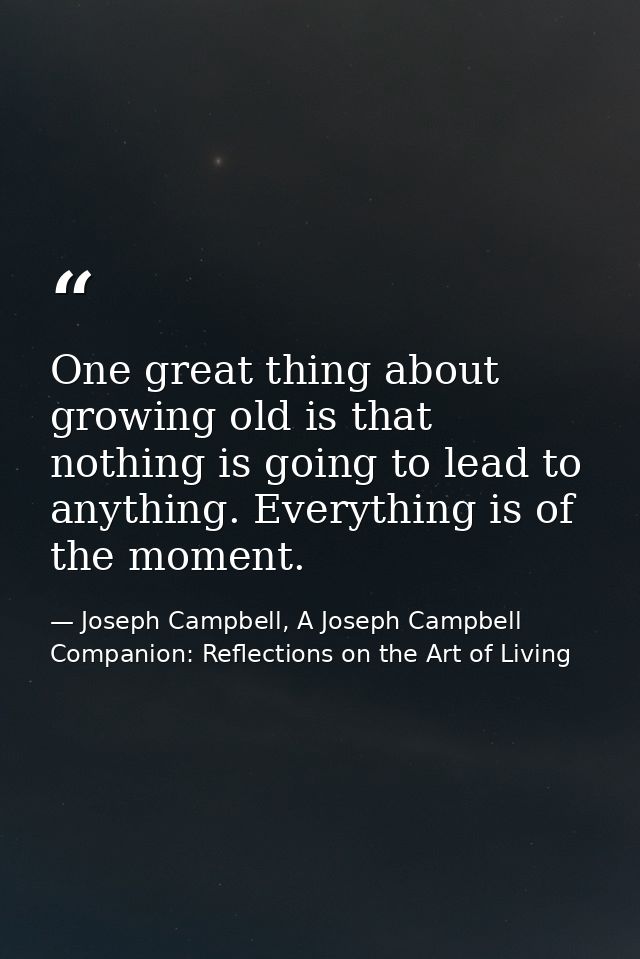 One great thing about growing old is that nothing is going to lead to anything. Everything is of the moment. — Joseph Campbell, A Joseph Campbell Companion: Reflections on the Art of Living