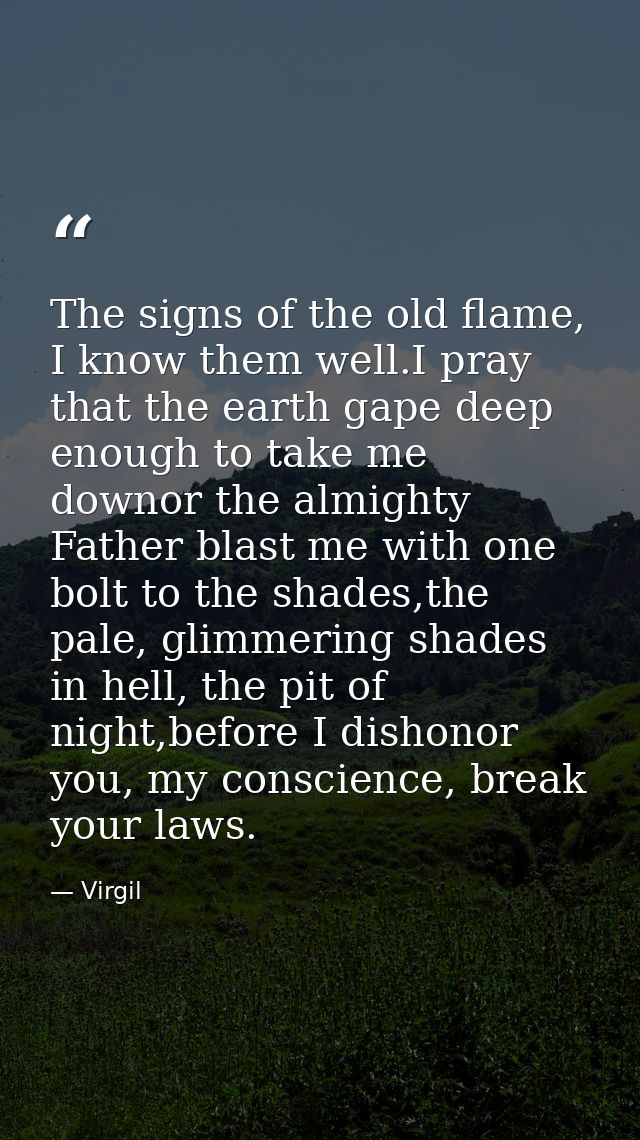 The signs of the old flame, I know them well.I pray that the earth gape deep enough to take me downor the almighty Fathe — Virgil
