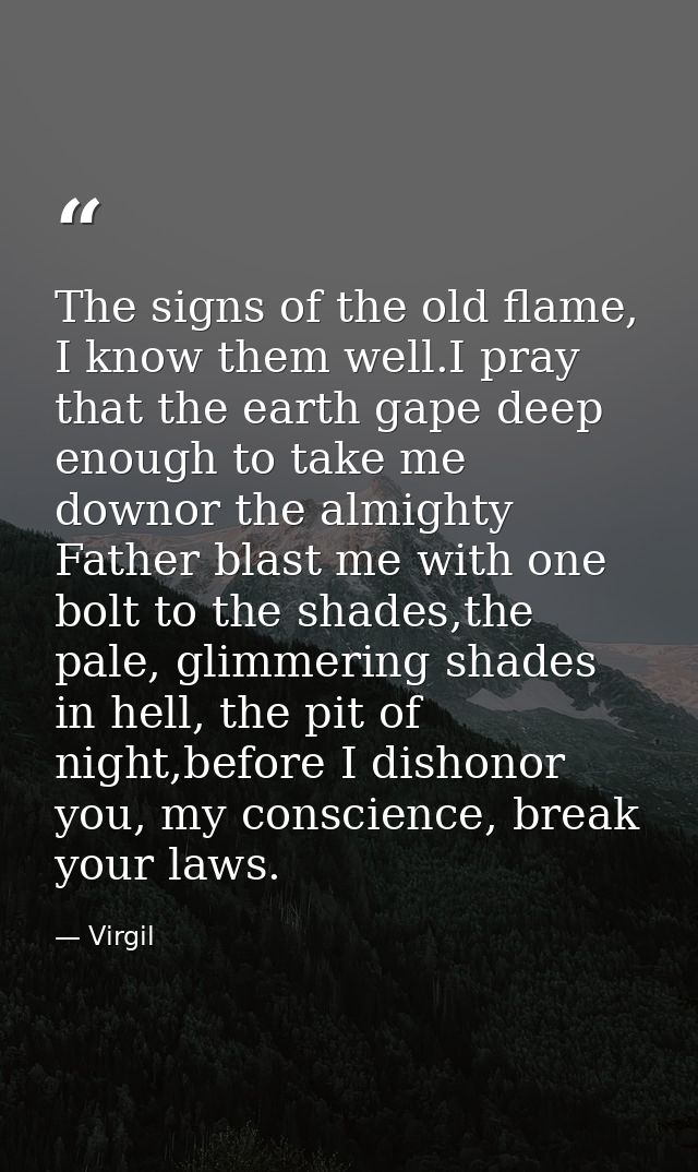 The signs of the old flame, I know them well.I pray that the earth gape deep enough to take me downor the almighty Fathe — Virgil