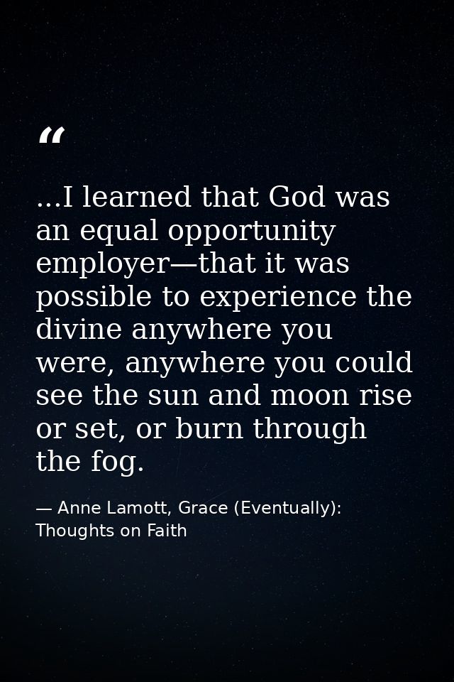 ...I learned that God was an equal opportunity employer—that it was possible to experience the divine anywhere you were, — Anne Lamott, Grace (Eventually): Thoughts on Faith