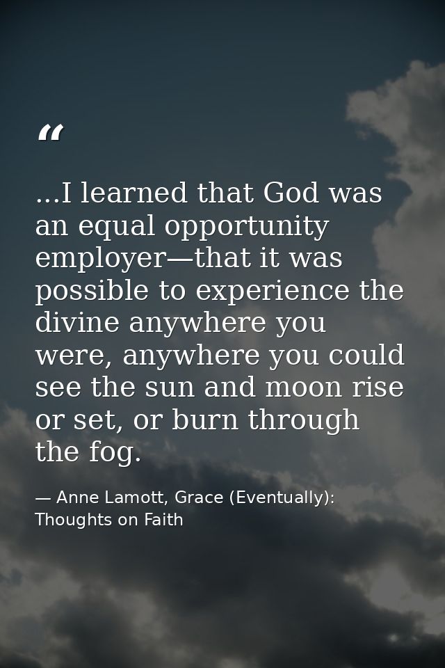 ...I learned that God was an equal opportunity employer—that it was possible to experience the divine anywhere you were, — Anne Lamott, Grace (Eventually): Thoughts on Faith