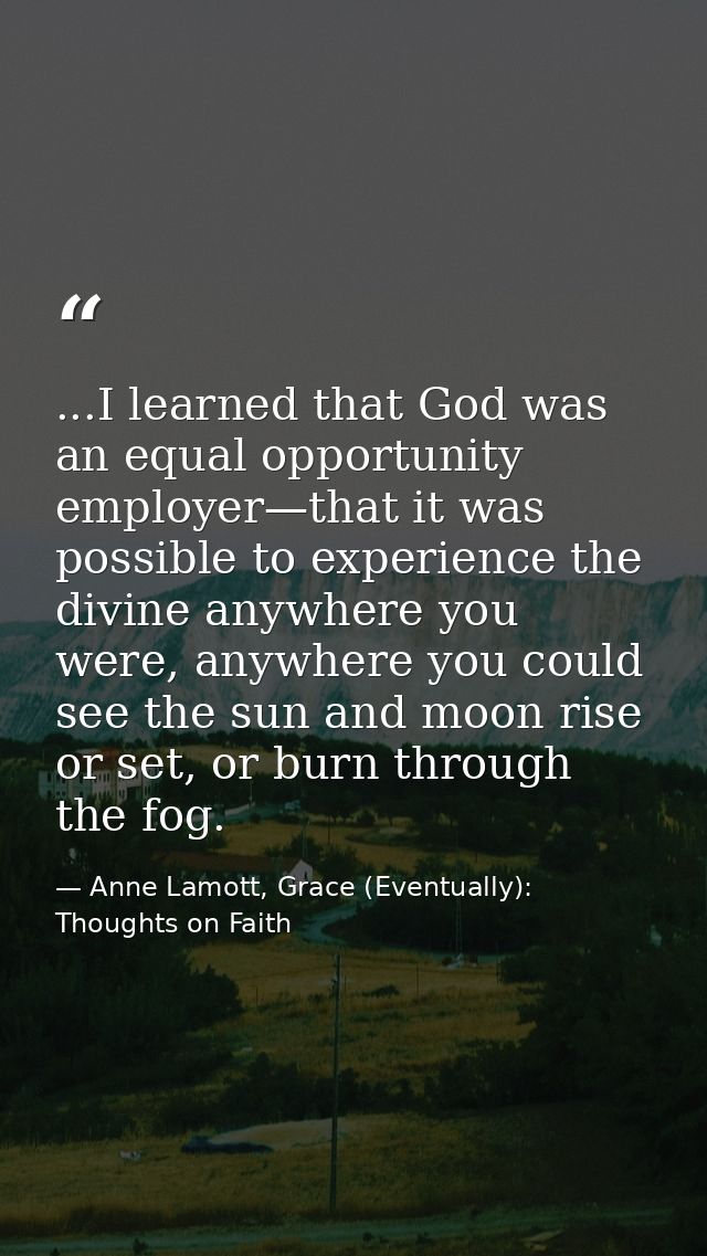 ...I learned that God was an equal opportunity employer—that it was possible to experience the divine anywhere you were, — Anne Lamott, Grace (Eventually): Thoughts on Faith