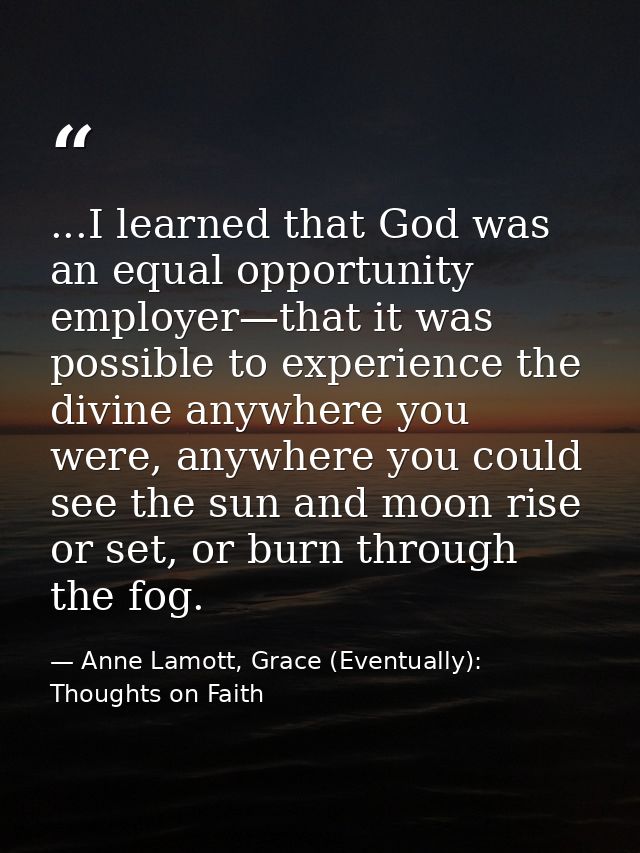...I learned that God was an equal opportunity employer—that it was possible to experience the divine anywhere you were, — Anne Lamott, Grace (Eventually): Thoughts on Faith