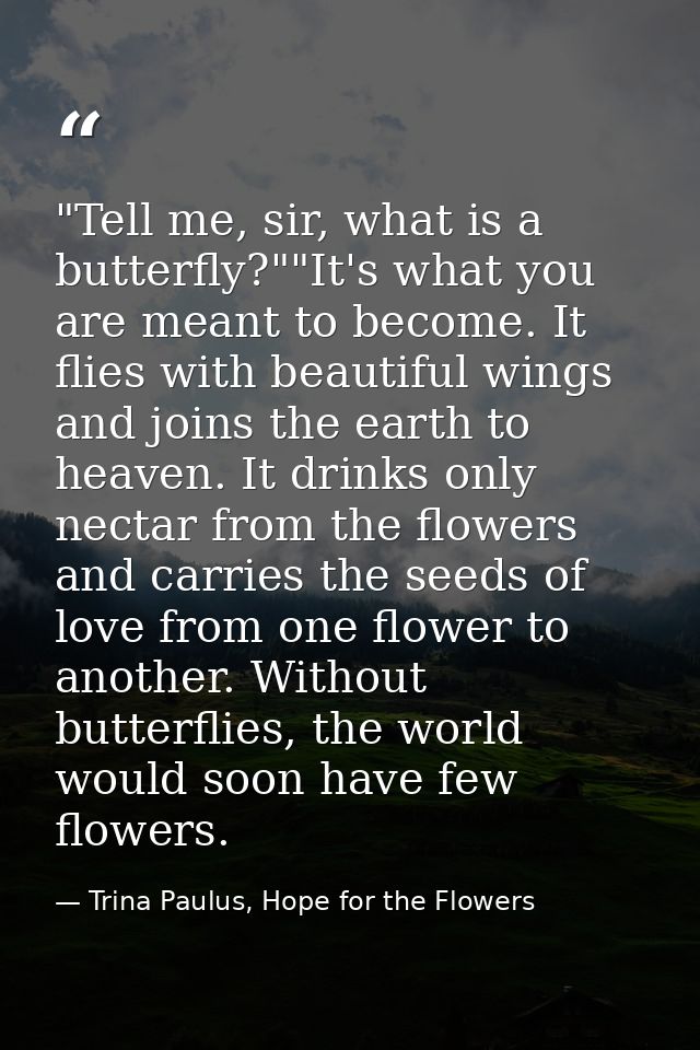 ‎"Tell me, sir, what is a butterfly?""It's what you are meant to become. It flies with beautiful wings and joins the ear — Trina Paulus, Hope for the Flowers