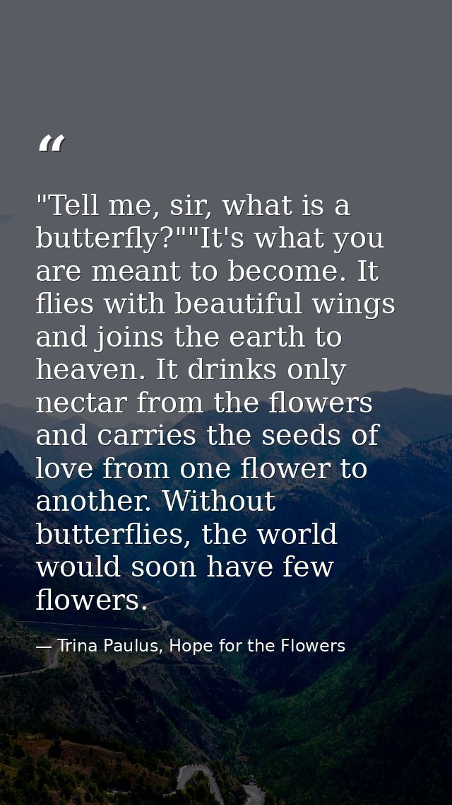 ‎"Tell me, sir, what is a butterfly?""It's what you are meant to become. It flies with beautiful wings and joins the ear — Trina Paulus, Hope for the Flowers