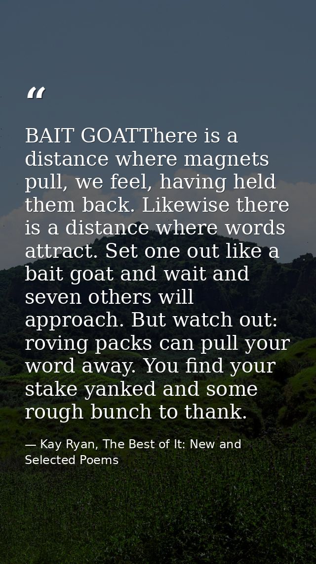 BAIT GOATThere is a distance where magnets pull, we feel, having held them back. Likewise there is a distance where word — Kay Ryan, The Best of It: New and Selected Poems