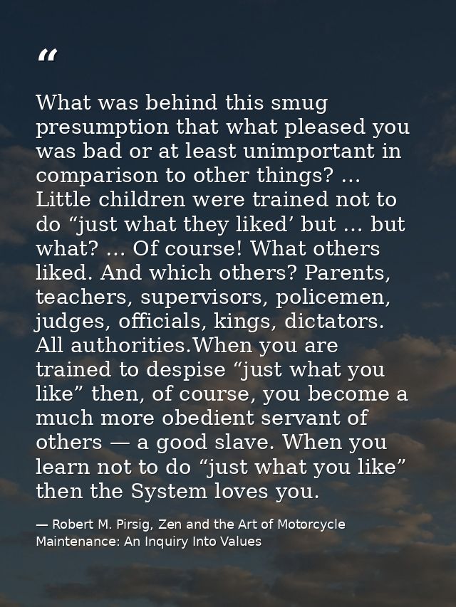 What was behind this smug presumption that what pleased you was bad or at least unimportant in comparison to other thing — Robert M. Pirsig, Zen and the Art of Motorcycle Maintenance: An Inquiry Into Values