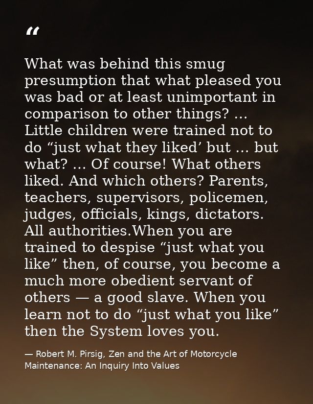 What was behind this smug presumption that what pleased you was bad or at least unimportant in comparison to other thing — Robert M. Pirsig, Zen and the Art of Motorcycle Maintenance: An Inquiry Into Values
