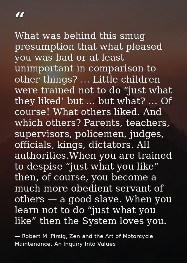 What was behind this smug presumption that what pleased you was bad or at least unimportant in comparison to other thing — Robert M. Pirsig, Zen and the Art of Motorcycle Maintenance: An Inquiry Into Values