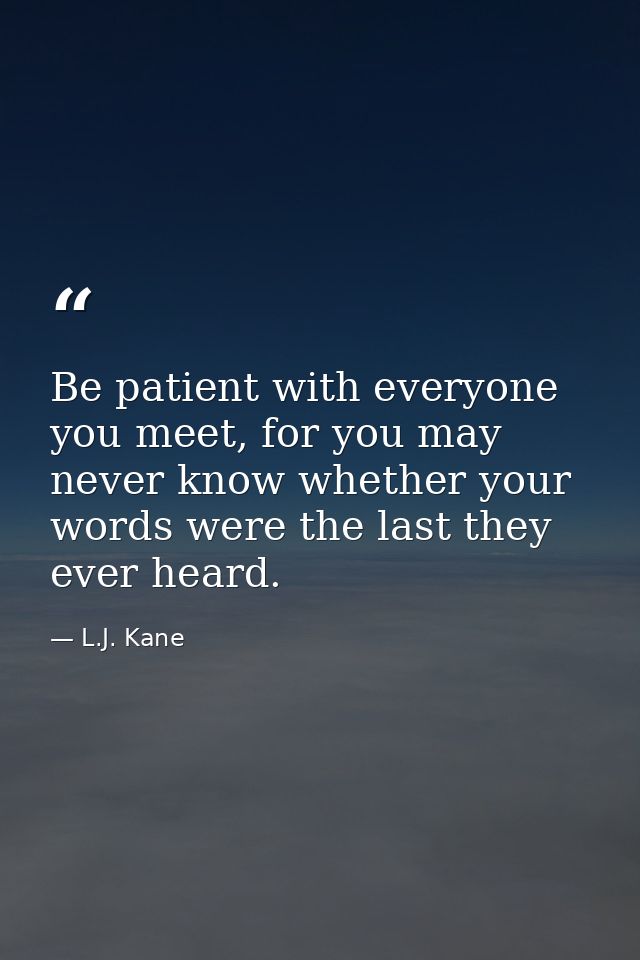 Be patient with everyone you meet, for you may never know whether your words were the last they ever heard. — L.J. Kane