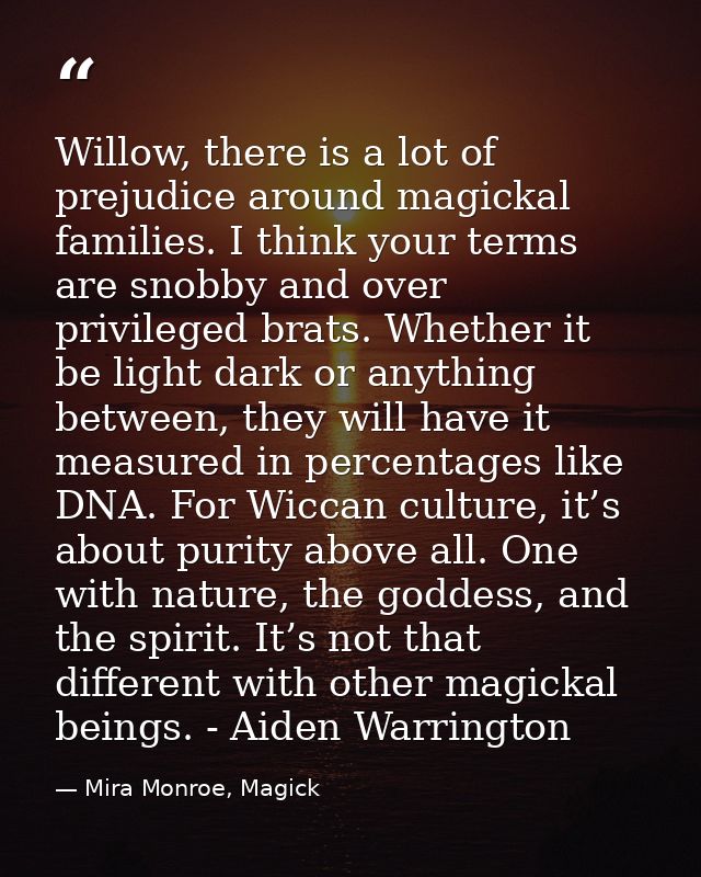 Willow, there is a lot of prejudice around magickal families. I think your terms are snobby and over privileged brats. W — Mira Monroe, Magick