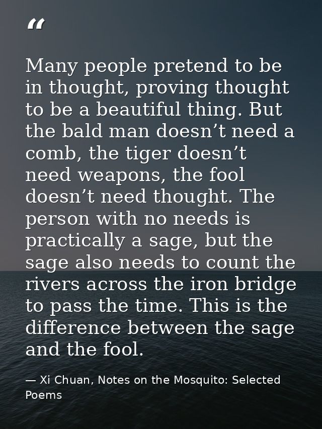 Many people pretend to be in thought, proving thought to be a beautiful thing. But the bald man doesn’t need a comb, the — Xi Chuan, Notes on the Mosquito: Selected Poems