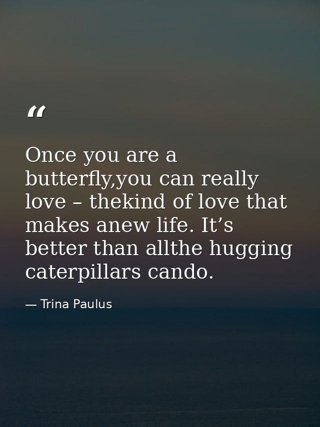 Once you are a butterfly,you can really love – thekind of love that makes anew life. It’s better than allthe hugging cat — Trina Paulus