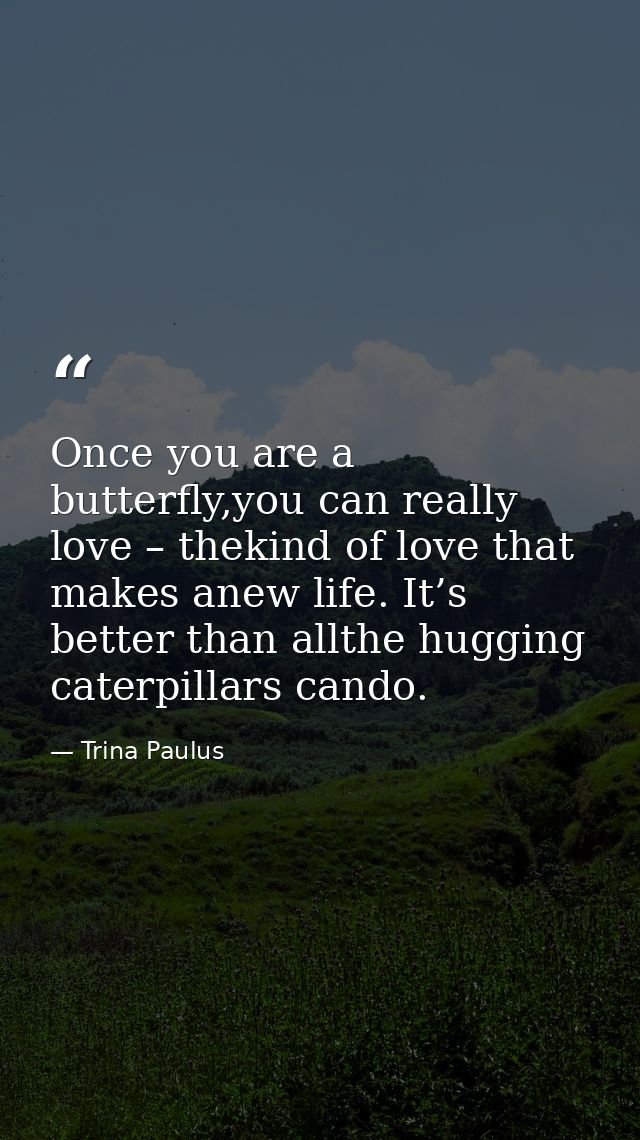 Once you are a butterfly,you can really love – thekind of love that makes anew life. It’s better than allthe hugging cat — Trina Paulus