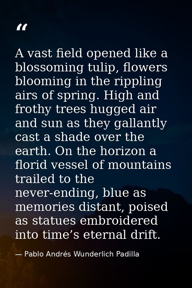 A vast field opened like a blossoming tulip, flowers blooming in the rippling airs of spring. High and frothy trees hugg — Pablo Andrés Wunderlich Padilla
