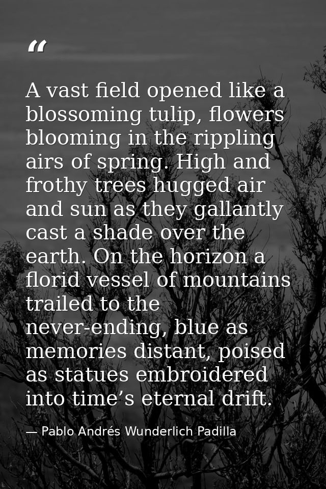 A vast field opened like a blossoming tulip, flowers blooming in the rippling airs of spring. High and frothy trees hugg — Pablo Andrés Wunderlich Padilla