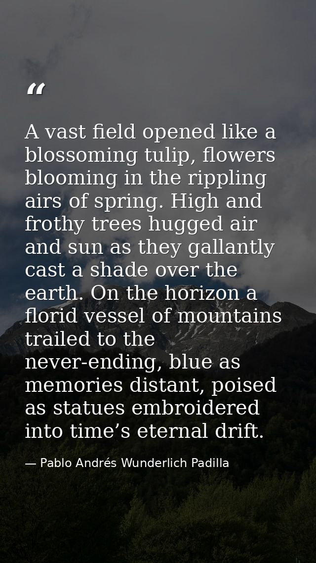 A vast field opened like a blossoming tulip, flowers blooming in the rippling airs of spring. High and frothy trees hugg — Pablo Andrés Wunderlich Padilla