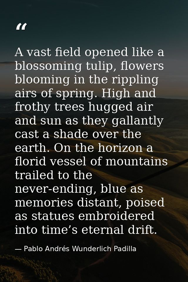 A vast field opened like a blossoming tulip, flowers blooming in the rippling airs of spring. High and frothy trees hugg — Pablo Andrés Wunderlich Padilla