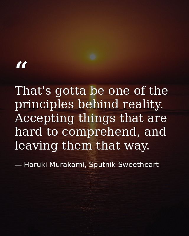 That's gotta be one of the principles behind reality. Accepting things that are hard to comprehend, and leaving them tha — Haruki Murakami, Sputnik Sweetheart