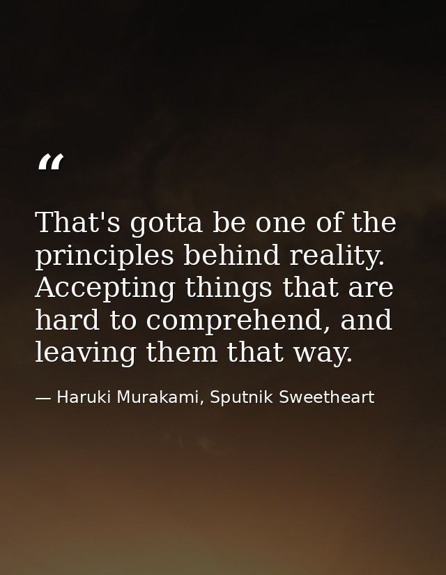That's gotta be one of the principles behind reality. Accepting things that are hard to comprehend, and leaving them tha — Haruki Murakami, Sputnik Sweetheart
