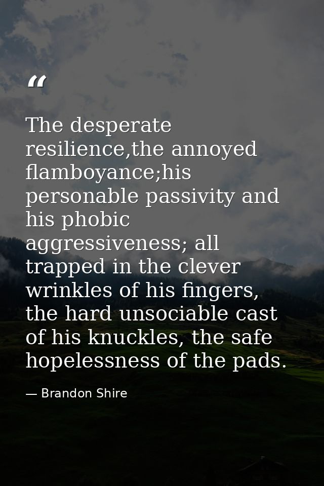 The desperate resilience,the annoyed flamboyance;his personable passivity and his phobic aggressiveness; all trapped in  — Brandon Shire