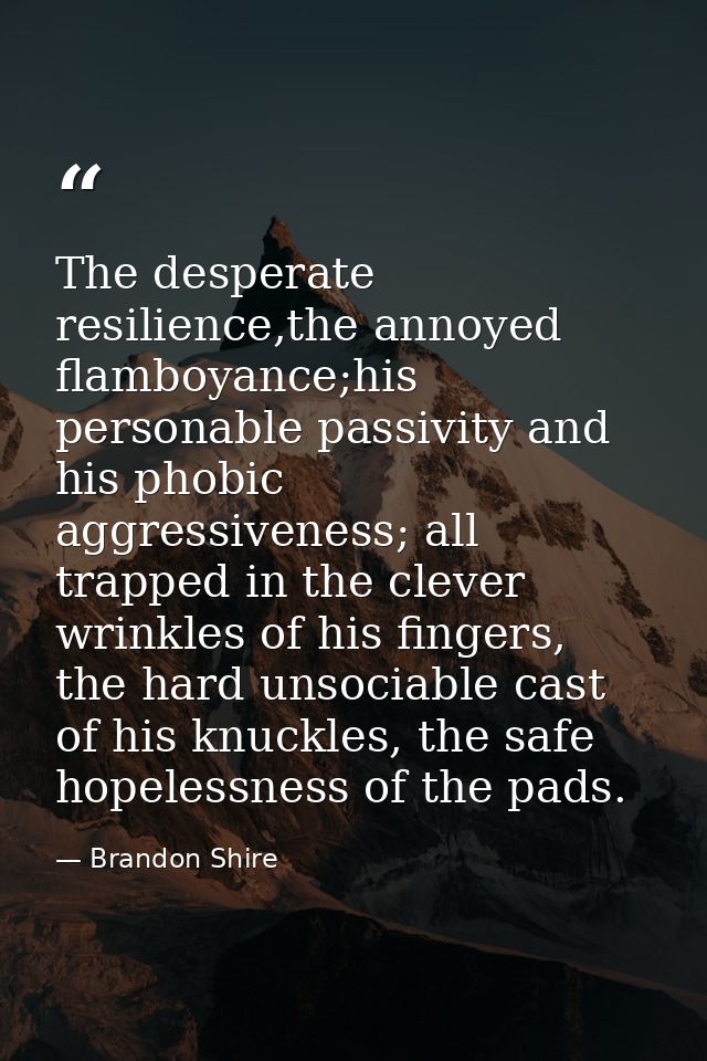 The desperate resilience,the annoyed flamboyance;his personable passivity and his phobic aggressiveness; all trapped in  — Brandon Shire