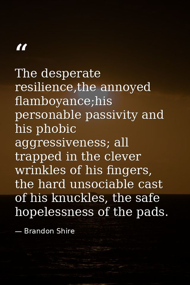 The desperate resilience,the annoyed flamboyance;his personable passivity and his phobic aggressiveness; all trapped in  — Brandon Shire