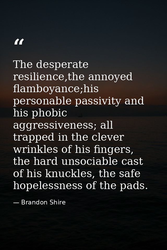 The desperate resilience,the annoyed flamboyance;his personable passivity and his phobic aggressiveness; all trapped in  — Brandon Shire
