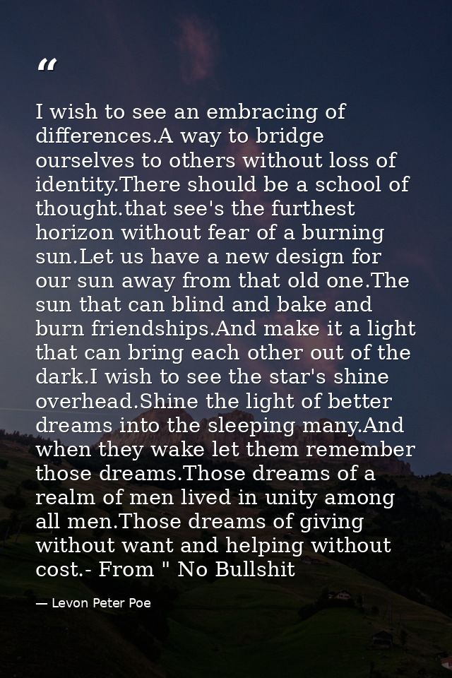 I wish to see an embracing of differences.A way to bridge ourselves to others without loss of identity.There should be a — Levon Peter Poe