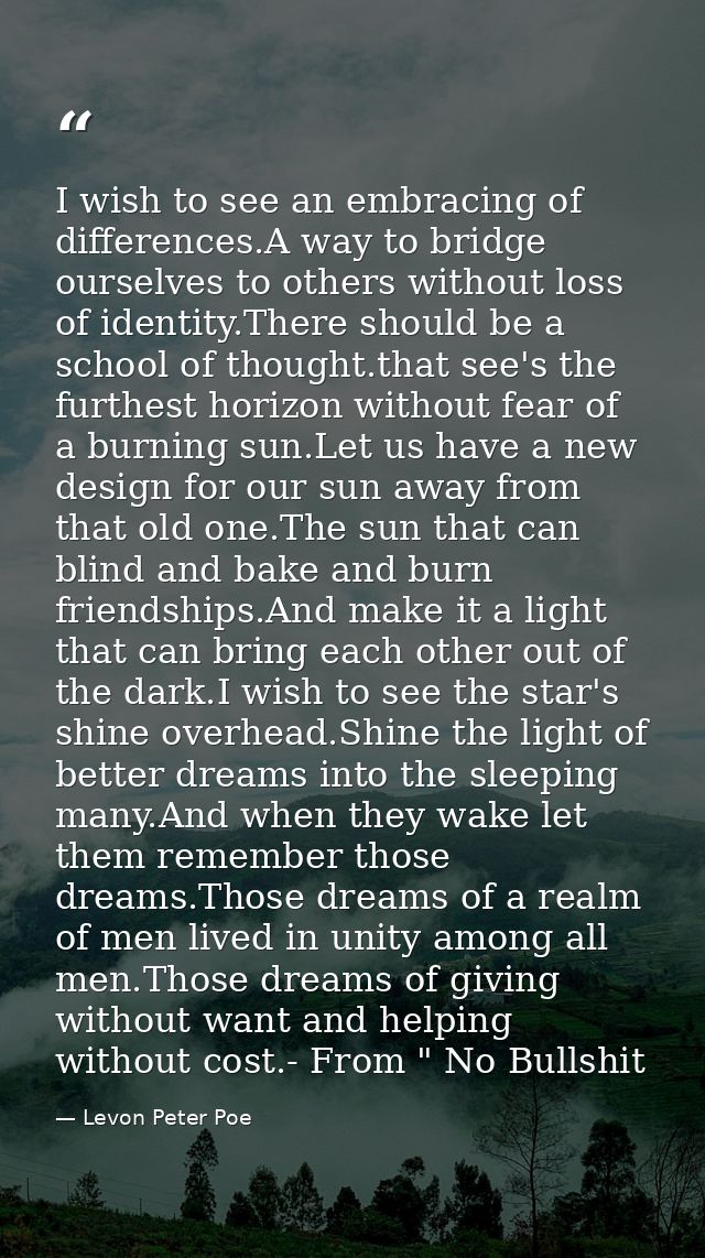 I wish to see an embracing of differences.A way to bridge ourselves to others without loss of identity.There should be a — Levon Peter Poe