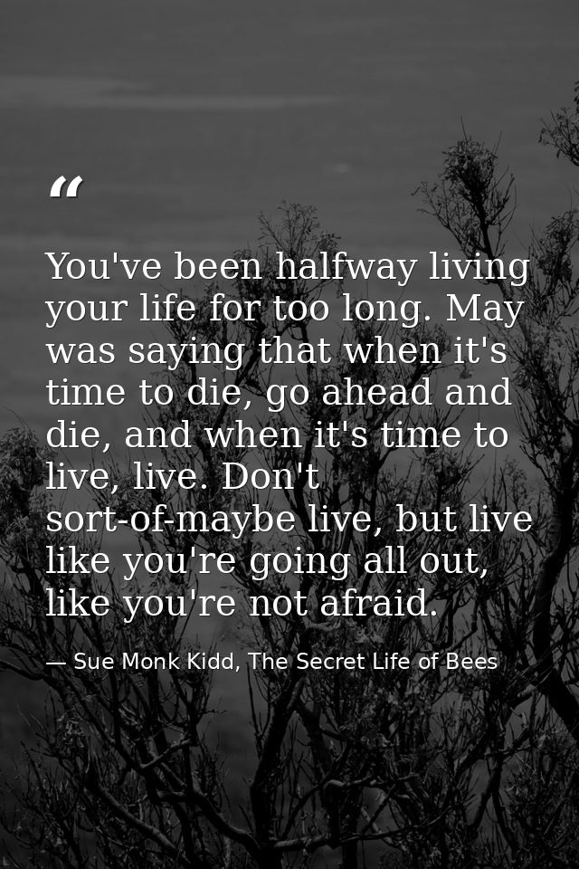 You've been halfway living your life for too long. May was saying that when it's time to die, go ahead and die, and when — Sue Monk Kidd, The Secret Life of Bees
