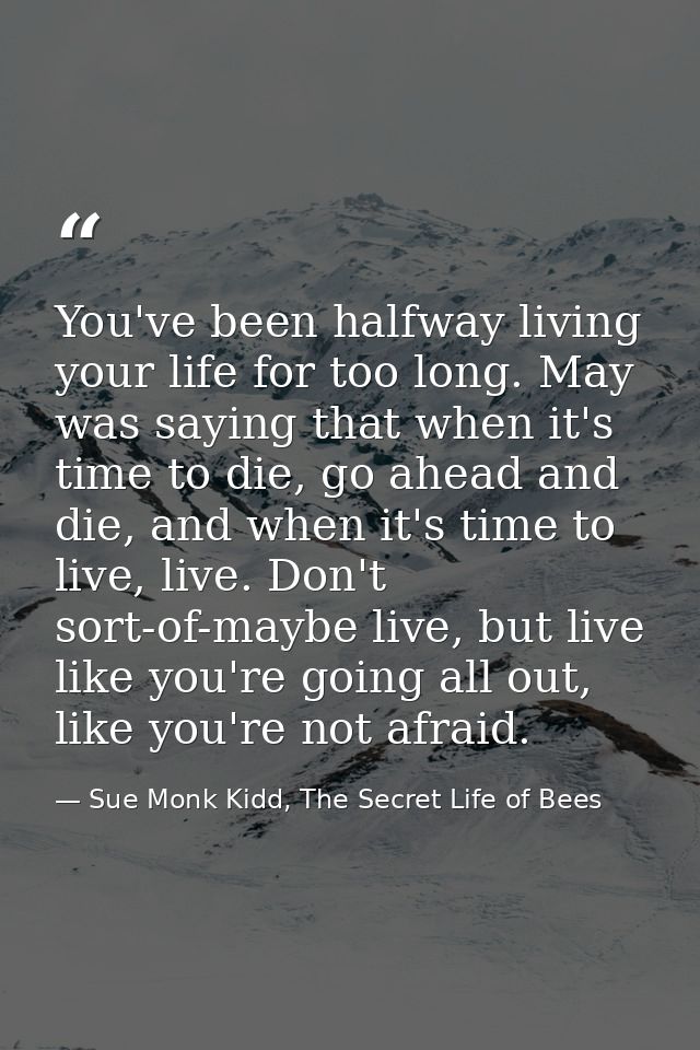 You've been halfway living your life for too long. May was saying that when it's time to die, go ahead and die, and when — Sue Monk Kidd, The Secret Life of Bees