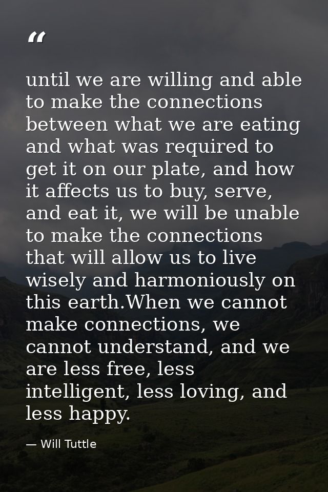 until we are willing and able to make the connections between what we are eating and what was required to get it on our  — Will Tuttle