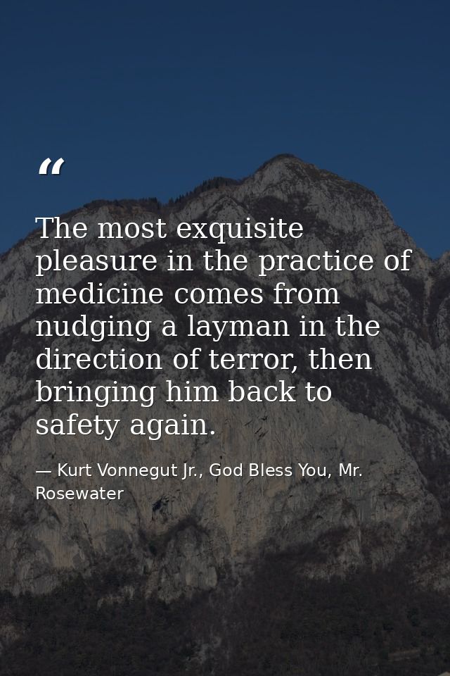 The most exquisite pleasure in the practice of medicine comes from nudging a layman in the direction of terror, then bri — Kurt Vonnegut Jr., God Bless You, Mr. Rosewater
